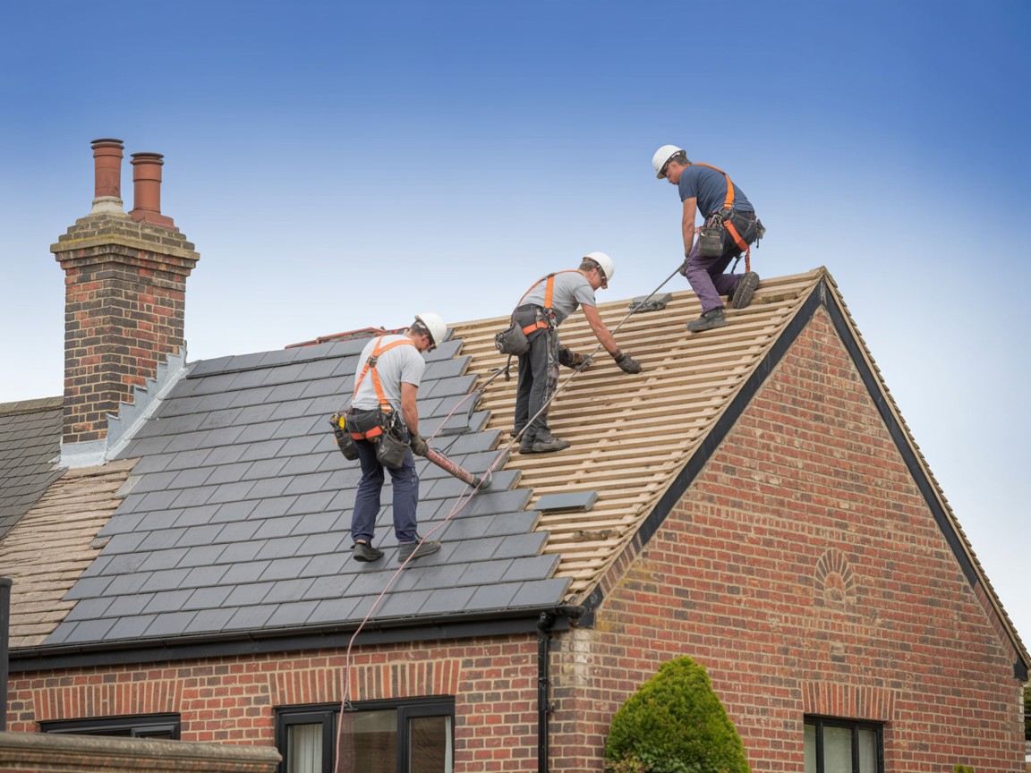 Pristine Roofing team at work on a UK residential property